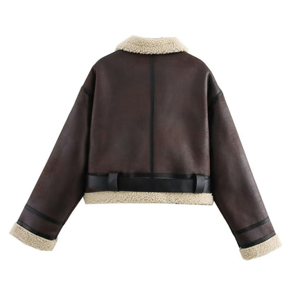 Womens Winter Short Jacket Lapel Zipper Sherpa-Lined Cropped Coat