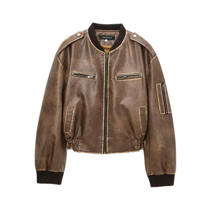 Womens Faux Leather Varsity Jacket Biker Baseball Streetwear Casual Coat