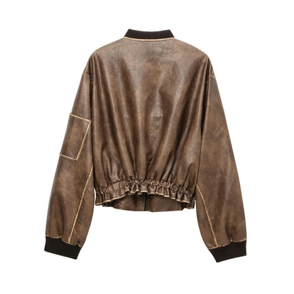 Womens Faux Leather Varsity Jacket Biker Baseball Streetwear Casual Coat