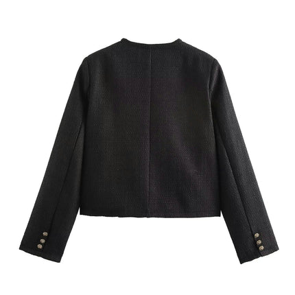 Womens Cropped Tweed Blazer Open Front Button Down Long Sleeve Work Office Jackets