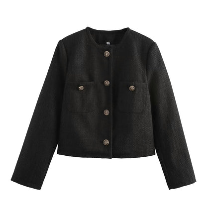 Womens Cropped Tweed Blazer Open Front Button Down Long Sleeve Work Office Jackets