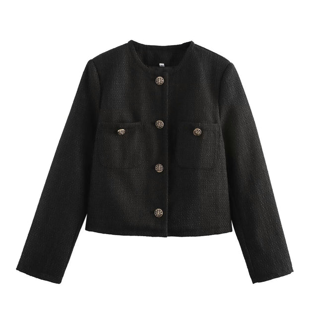 Womens Cropped Tweed Blazer Open Front Button Down Long Sleeve Work Office Jackets