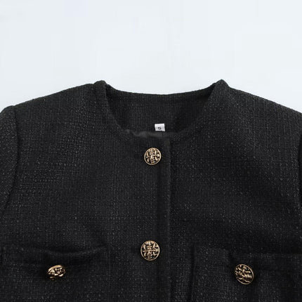 Womens Cropped Tweed Blazer Open Front Button Down Long Sleeve Work Office Jackets