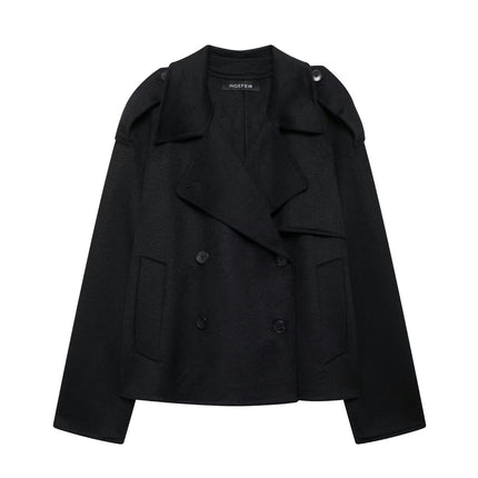 Womens Cropped Coat Double Breasted Casual Notched Lapel Wool Blend Overcoat