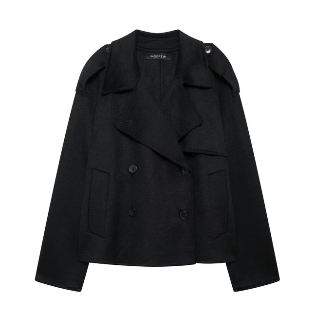 Womens Cropped Coat Double Breasted Casual Notched Lapel Wool Blend Overcoat