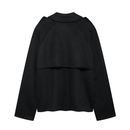 Womens Cropped Coat Double Breasted Casual Notched Lapel Wool Blend Overcoat