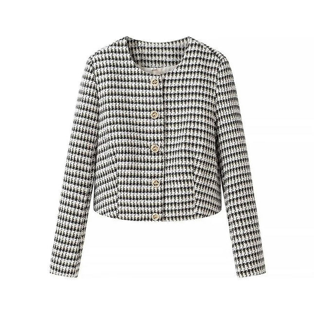Women's Fall Casual Business Tweed Jacket Plaid Crew Neck Button Cropped Coat