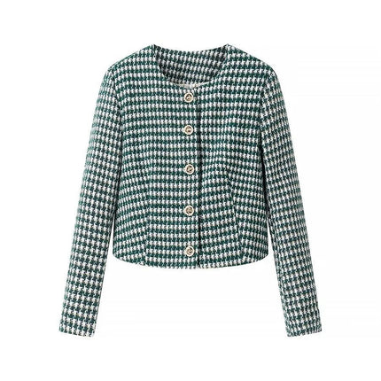 Women's Fall Casual Business Tweed Jacket Plaid Crew Neck Button Cropped Coat