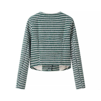 Women's Fall Casual Business Tweed Jacket Plaid Crew Neck Button Cropped Coat