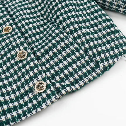 Women's Fall Casual Business Tweed Jacket Plaid Crew Neck Button Cropped Coat
