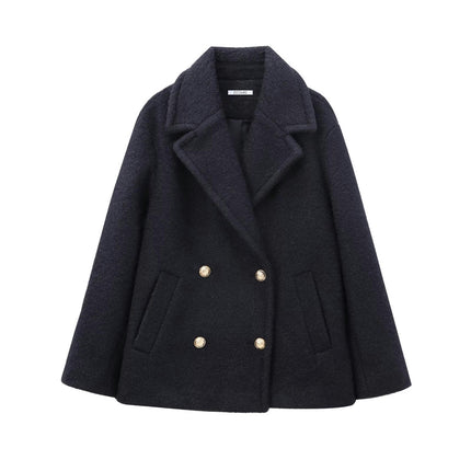 Women Wool Blend Coat Classic Loose Double Breasted Lapel Collar Thick Overcoat Jacket