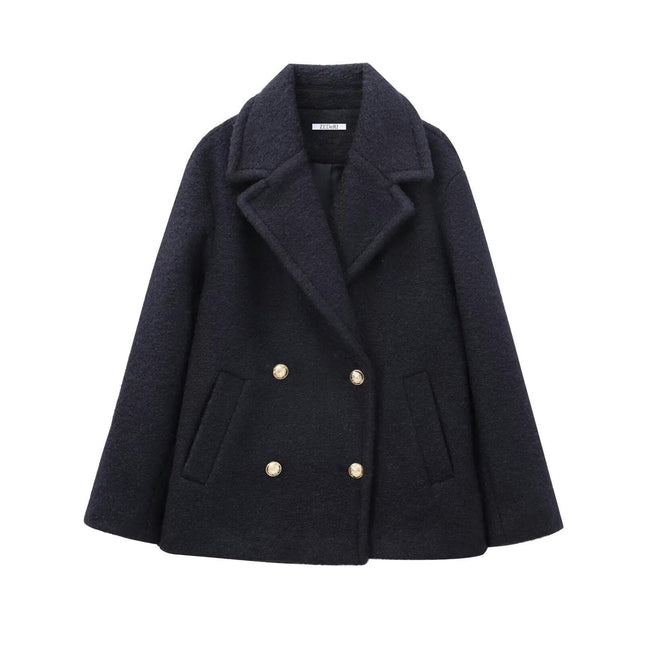 Women Wool Blend Coat Classic Loose Double Breasted Lapel Collar Thick Overcoat Jacket