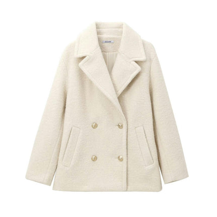 Women Wool Blend Coat Classic Loose Double Breasted Lapel Collar Thick Overcoat Jacket