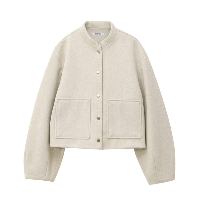 Womens Cropped Bomber Jackets Casual Button Down Long Sleeve Stand Collar Coats