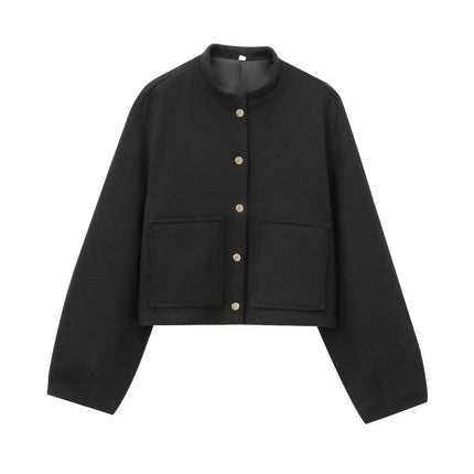 Womens Cropped Bomber Jackets Casual Button Down Long Sleeve Stand Collar Coats