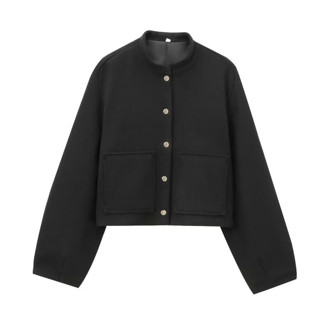 Womens Cropped Bomber Jackets Casual Button Down Long Sleeve Stand Collar Coats