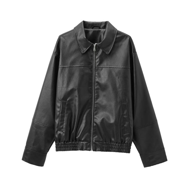 Women's Faux Leather Bomber Jacket Zip Up Winter Coat Outerwear