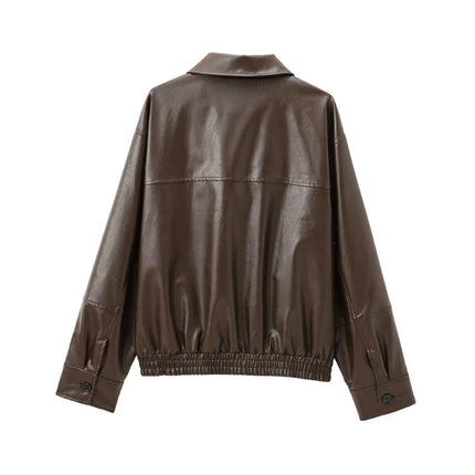 Women's Faux Leather Bomber Jacket Zip Up Winter Coat Outerwear