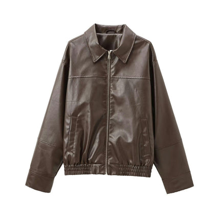 Women's Faux Leather Bomber Jacket Zip Up Winter Coat Outerwear