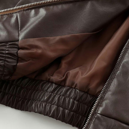 Women's Faux Leather Bomber Jacket Zip Up Winter Coat Outerwear