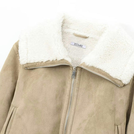 Women's Faux Suede Jacket Sherpa Lined Cropped Zip Up Warm Coat Outerwear