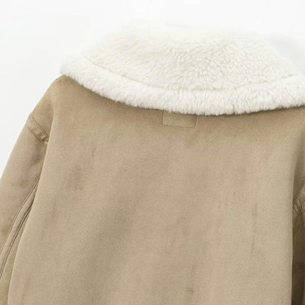 Women's Faux Suede Jacket Sherpa Lined Cropped Zip Up Warm Coat Outerwear
