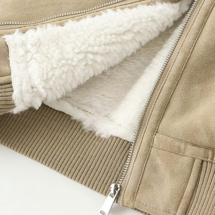Women's Faux Suede Jacket Sherpa Lined Cropped Zip Up Warm Coat Outerwear