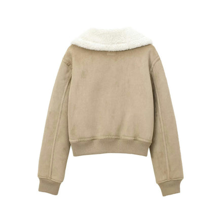 Women's Faux Suede Jacket Sherpa Lined Cropped Zip Up Warm Coat Outerwear