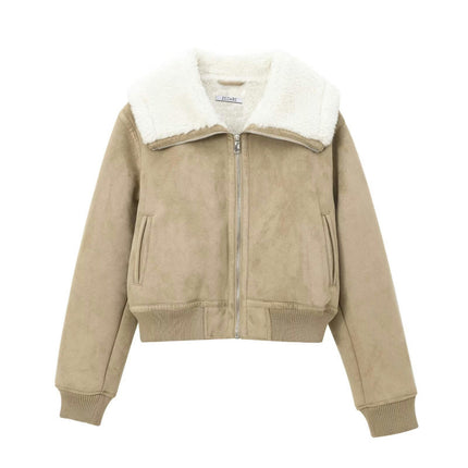 Women's Faux Suede Jacket Sherpa Lined Cropped Zip Up Warm Coat Outerwear