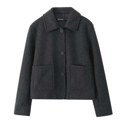 Womens Casual Wool Blend Shackets Jacket Button Down Lapel Cropped Coat
