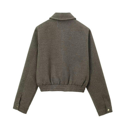 Womens Cropped Bomber Jacket Long Sleeve Zip Up Lapel Casual Loose Fit Coats