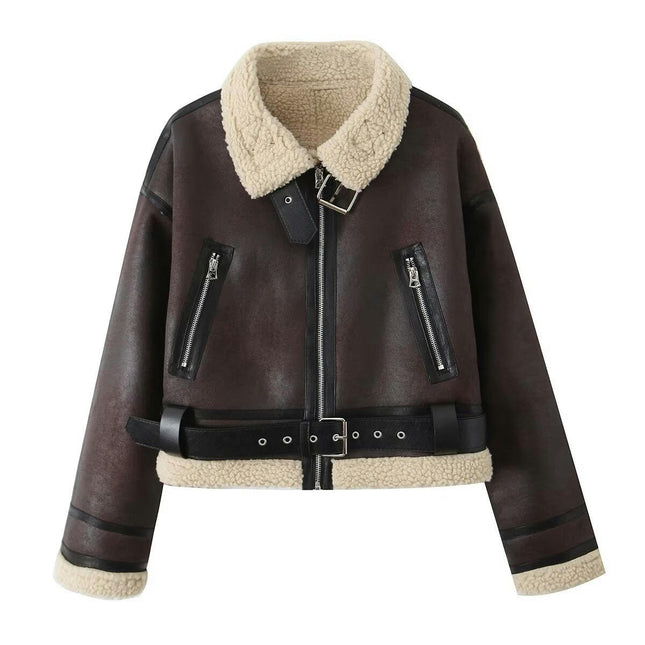Women's Faux Shearing Moto Jacket Winter Thick Lined Coat Faux Leather Jacket