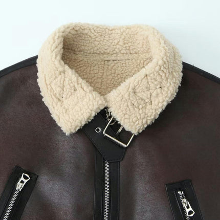 Women's Faux Shearing Moto Jacket Winter Thick Lined Coat Faux Leather Jacket
