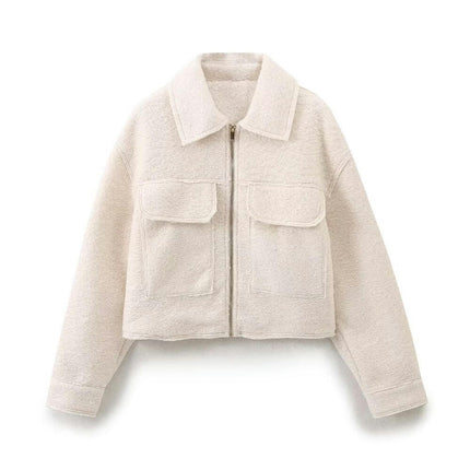 Womens Cropped Coats Fall Winter Wool Blend Coat Casual Long Sleeve Zip Up Jacket Outerwear