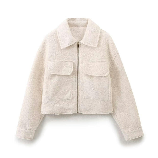 Womens Cropped Coats Fall Winter Wool Blend Coat Casual Long Sleeve Zip Up Jacket Outerwear