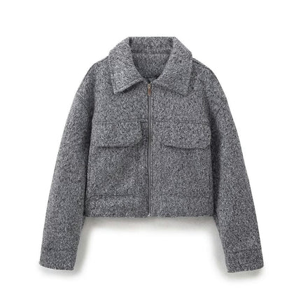 Womens Cropped Coats Fall Winter Wool Blend Coat Casual Long Sleeve Zip Up Jacket Outerwear