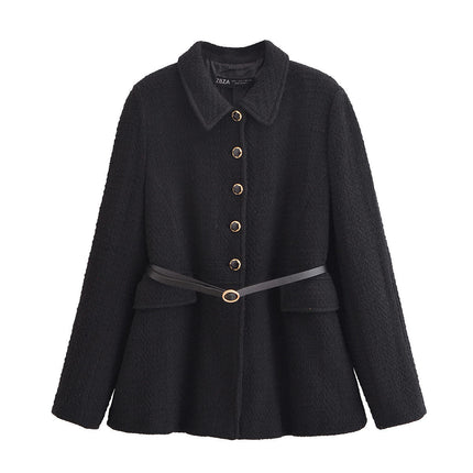 Women Winter Mid-Long Coat Single Breasted Lapel Jacket Outwear with Belt