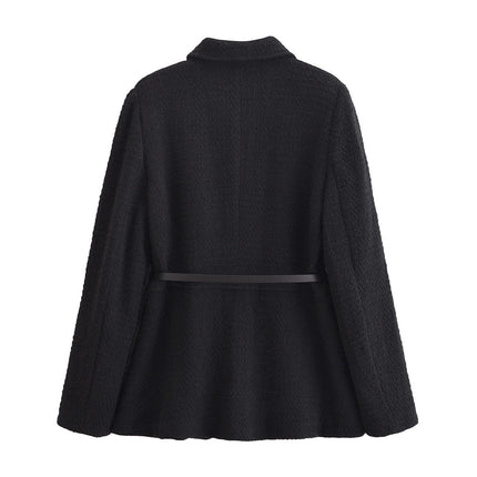 Women Winter Mid-Long Coat Single Breasted Lapel Jacket Outwear with Belt