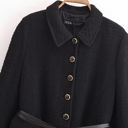 Women Winter Mid-Long Coat Single Breasted Lapel Jacket Outwear with Belt