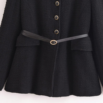 Women Winter Mid-Long Coat Single Breasted Lapel Jacket Outwear with Belt
