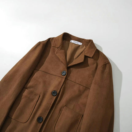 Women's Faux Suede Jacket Long Sleeve Lapel Button Down Casual Coat