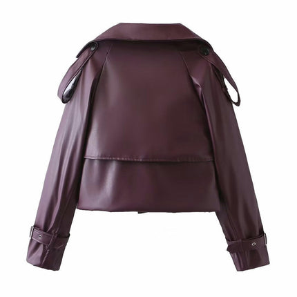 Women's Faux Leather Crop Jacket Button Down Pocket Cropped Motorcycle Jacket