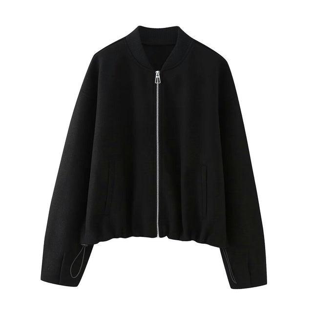 Womens Cropped Jacket Long Sleeve Zip Up Bomber Coats with Pockets
