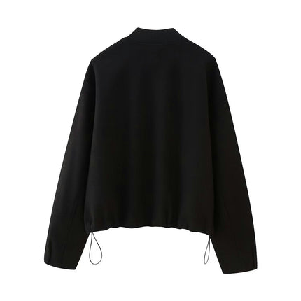Womens Cropped Jacket Long Sleeve Zip Up Bomber Coats with Pockets