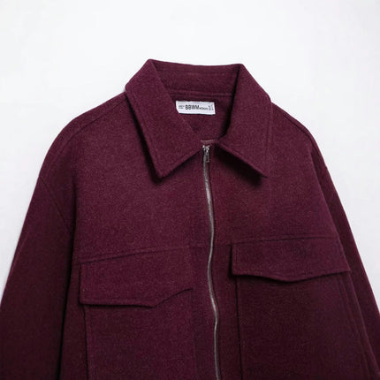 Women's Wool Blend Coats Lapel Cropped Jacket Zip Up Casual Jacket with Pockets