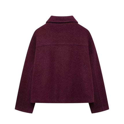 Women's Wool Blend Coats Lapel Cropped Jacket Zip Up Casual Jacket with Pockets