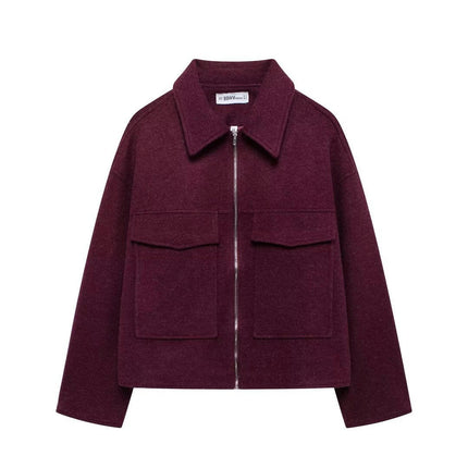 Women's Wool Blend Coats Lapel Cropped Jacket Zip Up Casual Jacket with Pockets