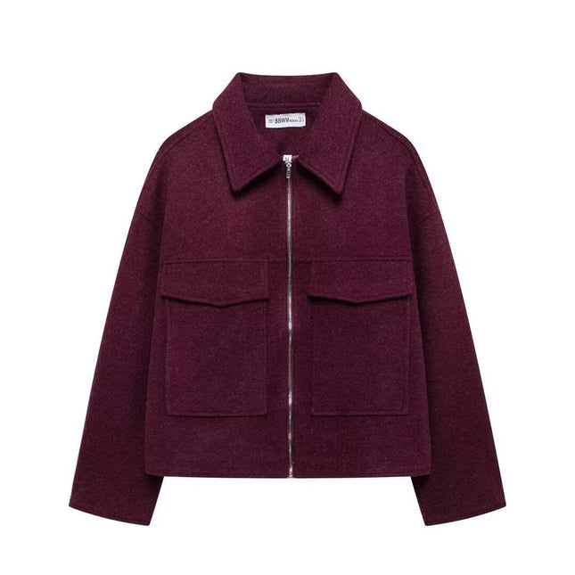 Women's Wool Blend Coats Lapel Cropped Jacket Zip Up Casual Jacket with Pockets