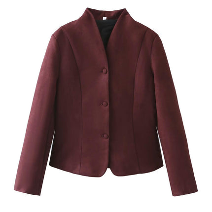 Women's Faux Suede Long Sleeve Jacket Stand Collar Button Down Coats