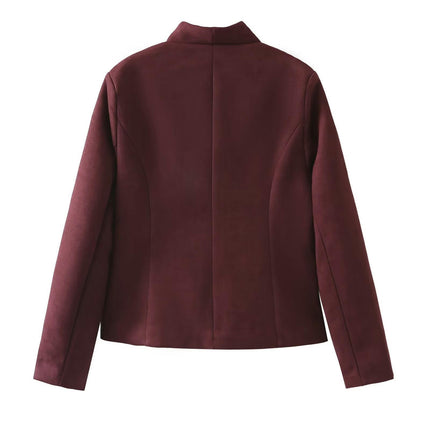 Women's Faux Suede Long Sleeve Jacket Stand Collar Button Down Coats